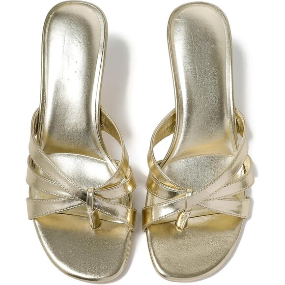 Women Strappy Kitten Gold Heels Open Toe Mules Thong Sandal for Party Wedding - Picture 9 of 9